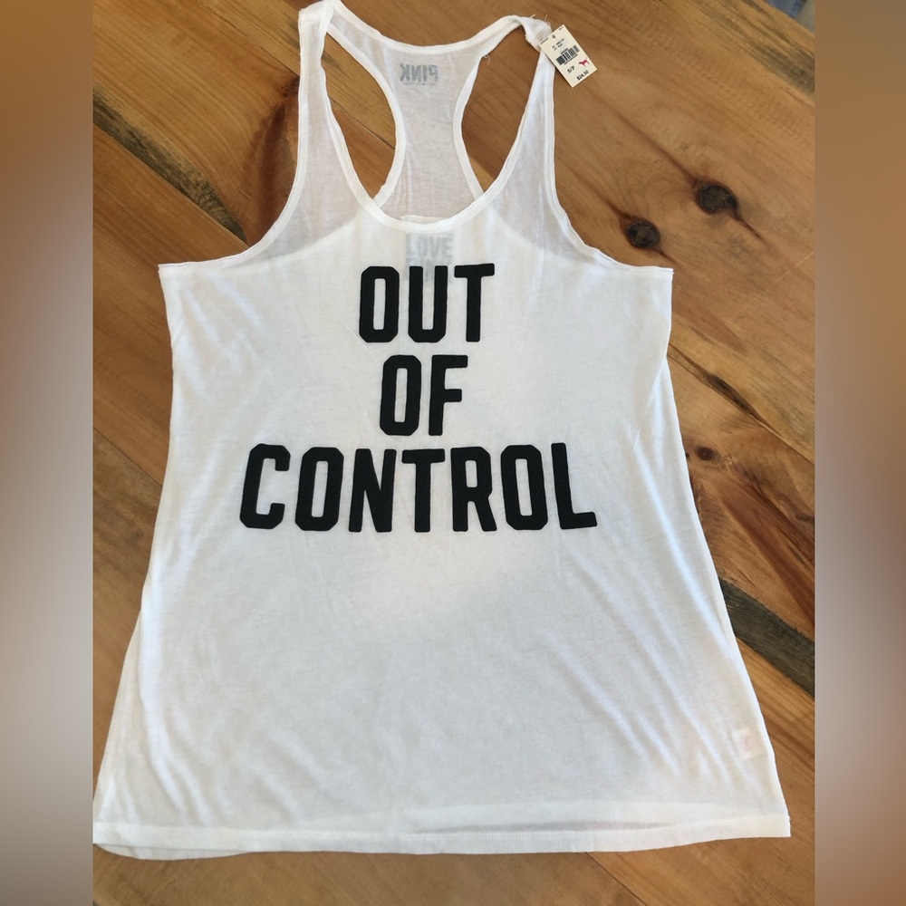 Victoria's Secret White Tank Top with Black 'OUT OF CONTROL' Graphic
